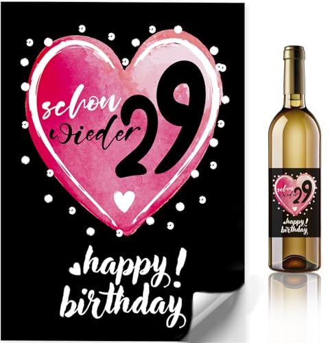 Lustige Flaschenetiketten Geburtstag 'Schon wieder 29' – 2 selbstklebende Etiketten mit pinkem Aquarell-Herz, witziges Geschenk für Wein, Sekt, Bier – originelle Deko für Frauen & Männer