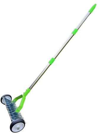 Duroecsain Râteau à scarifier - Réglable en métal pour usage intensif avec roues - Râteau niveleur et scarificateur pour gazon - Pour feuilles de jardin, gazon, desserrer le sol nivellement