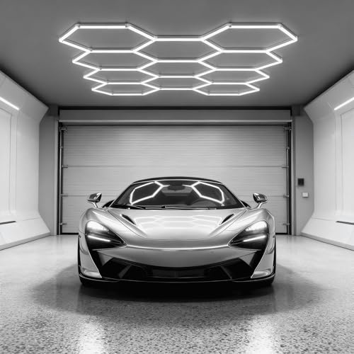 UISEBRT Hexagon LED Deckenleuchte,11 Hexs Garagenbeleuchtung ohne Rechteck,IP44 flimmerfrei Werkstattbeleuchtung LED-Deckenleuchten 6500K Weiß für Garage, Werkstatt, Lager, Keller, Fitnessstudio,Salon