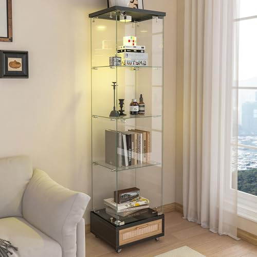 staronce Glasvitrine mit LED-Beleuchtung & Soft-Close-Schublade – Standvitrine 167 cm hoch mit 4 Einlegeböden, schmale Vitrine mit Fernbedienung (13 Farben) für Wohnzimmer – Schwarz