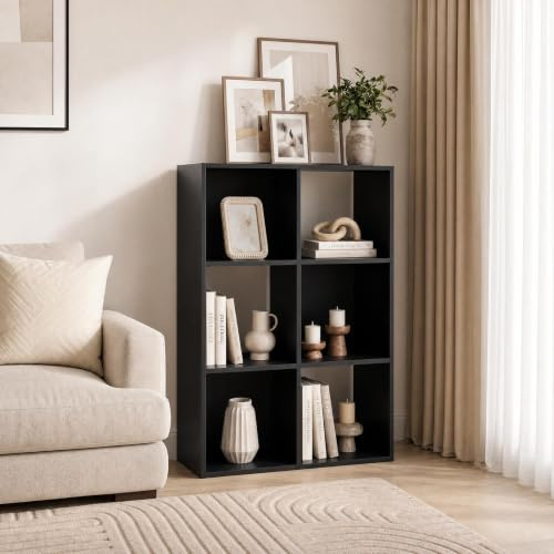 OHS 6 Tier Cube Storage Unit Bookcase Black Wooden Shelving Cube Unit, Oslo
