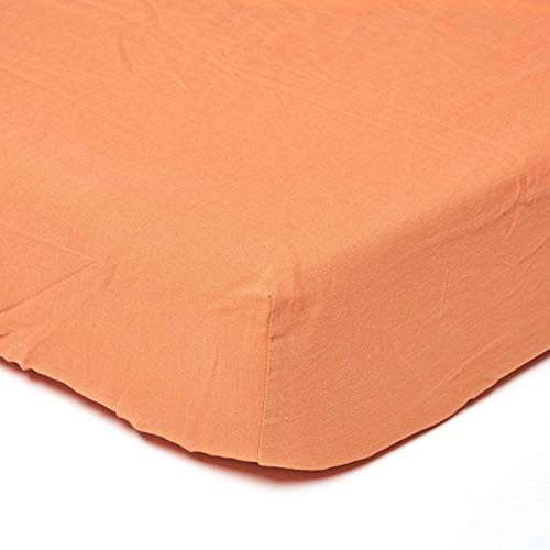 HOMESCAPES Luxury Soft Linen Fitted Sheet Plain Burnt Orange Textured Linen Sheet Natural French Flax Fibre Linen & Pure 100% Cotton Blend, Double Size (30 cm Deep)