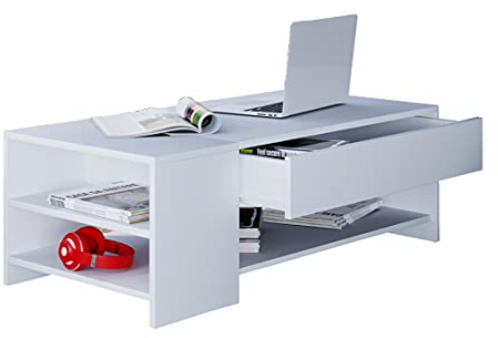 VCM Holz Couchtisch schlicht | Maße ca. H. 35 x B. 100 x T. 50 cm | Wohnzimmertisch mit Schublade - Tindus Weiß/Weiß