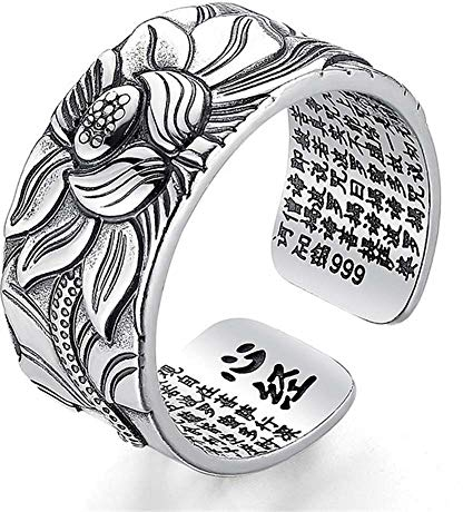 XINGXINGFAN 999 Sterling Silber Band Ringe, Lotus Blume offenes buddhistisches Herz Sutra Ring, offener Verstellbarer Ring Schmuck für Frauen Mutter Geschenke