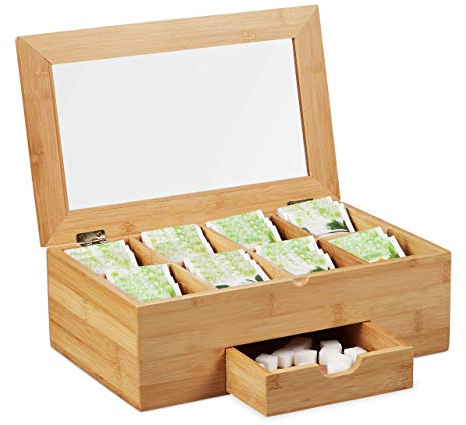 Relaxdays, naturale Scatola Porta Tè e Tisane, Coperchio con Finestra, 8 Scomparti, Cassetto, Tea Box, HLP 11x33x20 cm, Bambù
