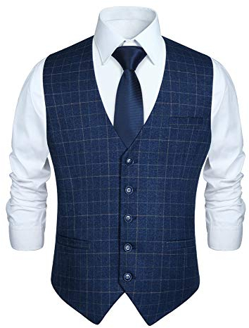 HISDERN Herren Blau formale Hochzeit Party Weste Baumwolle Plaid Check Royal Blue Kleid Anzug Weste 4XL