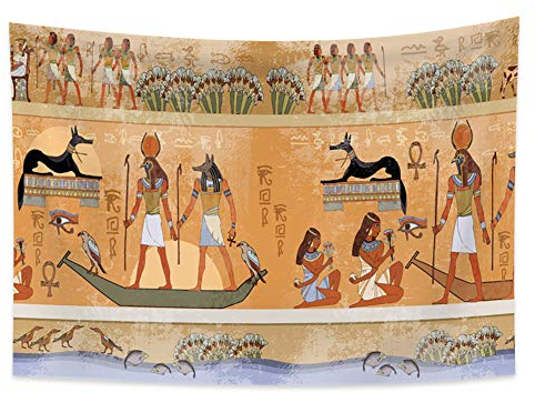 YONGFOTO 150x100cm Alt Ägypten Wandteppich, Ägyptische Götter Pharaonen Wandteppiche Schwarze Farbe Hund Vögel Boot Hieroglyphische Schnitzereien Mythologie Wandteppich für Wohnzimmer Wohnheim Dekor