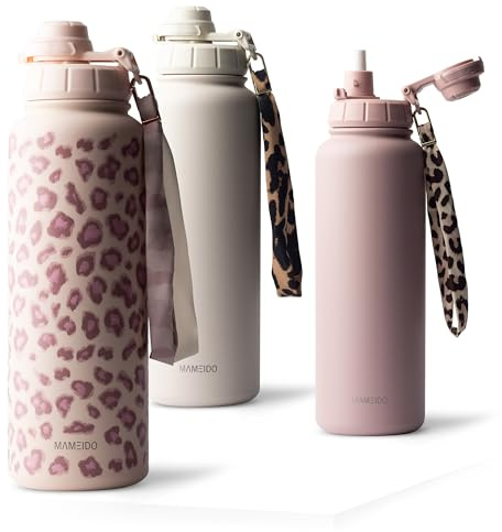 MAMEIDO Thermosflasche mit Strohhalm 1,2 l, auslaufsichere Trinkflasche Edelstahl isoliert, Wasserflasche BPA-frei mit Trageschlaufe, Water Bottle Sport (Dusty Glam)