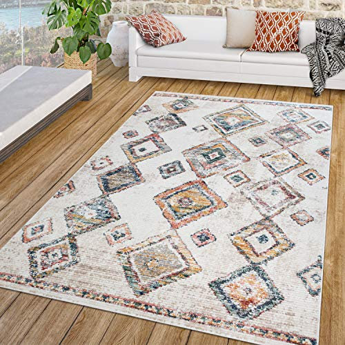 TT Home Wohnzimmer Teppich Kurzflor Wohnzimmerteppich Vintage Rauten Boho Ethno Design, Farbe:Bunt, Größe:80x150 cm