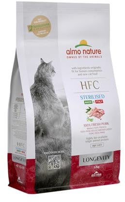 Almo Nature HFC Longevity Sterilized - Trockennahrung für Katzen mit frischem Schweinefleisch ursprünglich Lebensmittelqualität und Werden jetzt für Katzennahrung verwendet., 1 Stück (1er Pack)