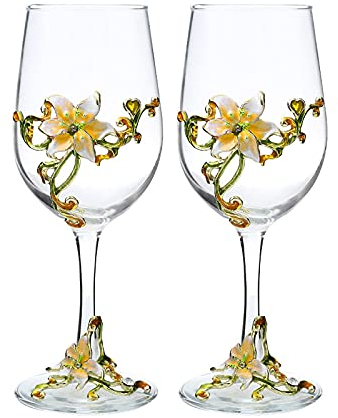 XUDREZ Handmade Painted Enamel Flower Glass, Lead-Free Gin Balloon Glass Wine Glass, Gifts for Women Mum Friends Mother's Day (Yellow Cup Lily)