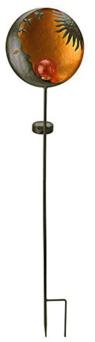 LED-Solar-Gartenstecker Spieß GALAXIE Metall-Schale rostfarbig D: 20,5 cm, Glaskugel D: 6cm bernsteinfarbig H:90cm LED-0,06W, IP44 (einzeln))