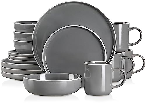 vancasso SESAM Dark Grey Dinner Set- 16 Pieces Stoneware Dinnerware Set, Sesame Glaze Ceramic Combination Set with Dinner Plate/Dessert Plate/Soup Bowl/Mug, Service for 4