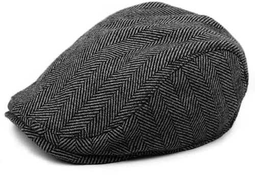 The Original Boston Scally Cap - The Original Newsboy Flat Cap - Single Panel Cotton Fitted Hat for Men - Grey Herringbone
