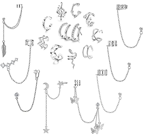 Diamday 18Pcs Ear Cuff Ohrringe Kette Ohrringe für Damen Verstellbare Helix Knorpel Clip On Wrap Ohrringe Manschetten Ohrclipr Ohr Cuffs Set Ohrklemme Fake Ohrringe