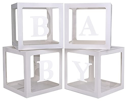 PABUES Baby Boxes with 4 PCS Letters for Baby Shower White Clear Balloon Box Blocks Gender Reveal Decorations and Birthday Party (White)