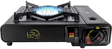 T24 Gaskocher/Notfallausrüstung Stromausfall/Camping Propangaskocher Butangaskocher/Camping/Outdoor/Auto. Piezo-Zündung mit Koffer (Campingkocher)
