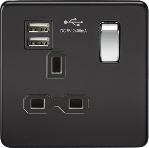 Screwless 13A 1G Switched Socket with Dual USB Charger (2.4A) - matt Black with Chrome Rocker