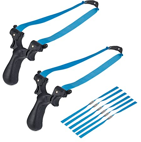 Relaxdays Steinschleuder, 2er Set, 6 Ersatzgummis, Profi Schleuder ab 18, Sportschleuder mit Zielpunkten, schwarz/blau