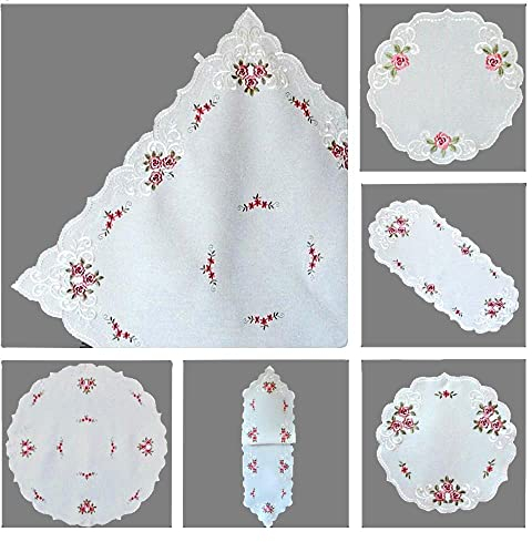 Tischdecke Mitteldecke Tischläufer Deckchen rund oval Elegante Rosenromantik mit Glanzstickerei weiß rosa (Tischband 25 x 160 cm)