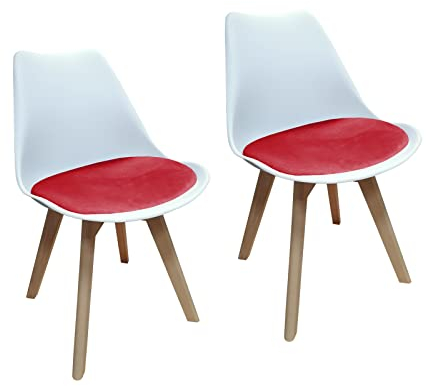HTI living 2er Set Design-Stühle mit Sitzpolster Esszimmerstühle im skandinavischen Stil Esszimmerstuhl Kunststoffschale Samtbezug Holzfüße Weiß, Rot