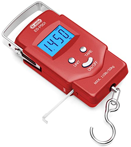 Dr.meter Kofferwaage digital mit Haken (PS01), 110 lb/50 kg Fischwaage, Kofferwaage mit LCD-Display, Maßband, tragbare Gepäckwaage, 2 AAA-Batterien, Angeln Geschenke für Männer