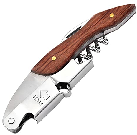 WUDQIJI Holz Kellnermesser Flaschenöffner Profi Korkenzieher All-in-One Edelstahl Weinöffner Kellner-Korkenzieher-Weinöffner Sommeliermesser mit Folienschneider für Sommeliers Kellner