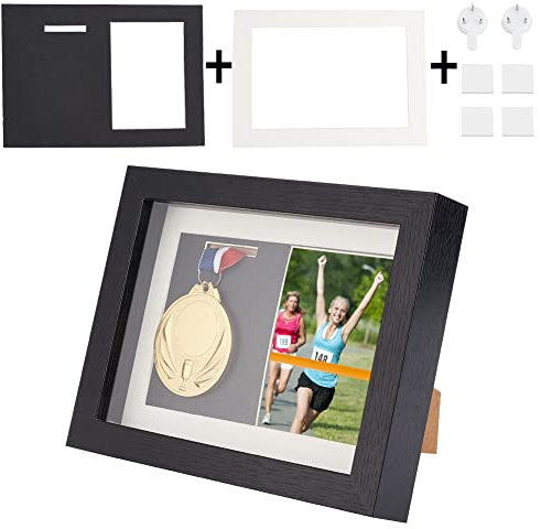 OLYCRAFT Caja de Sombra de medallas Negra, Marco de Fotos de Madera Natural con Ventana Transparente para medallas Militares, Etiquetas de Playa coleccionables 175 x 182 x 227 mm