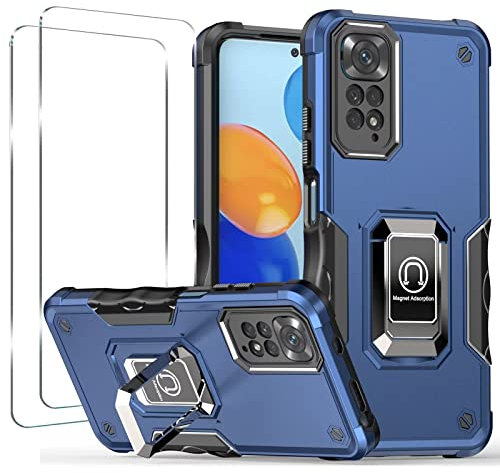 ESONG Handyhülle für Xiaomi Redmi Note 12 Pro 4G,PC+TPU Militär Stoßfeste Schutzhülle Cover Case mit Ständer/Kameraschutz/2 Gehärtetes Glas Bildschirmschutz,für Magnetische Autohalterung,Blau
