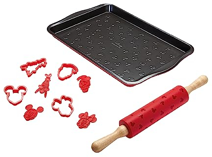 Prestige Neu Disney Backe mit Mickey Mouse Backgeschirr-Set mit Antihaft-Backblech 10 Zoll x 15 Zoll, Plätzchenausstecher-Set mit 4 Stück und Silikon-Nudelholz 45 cm