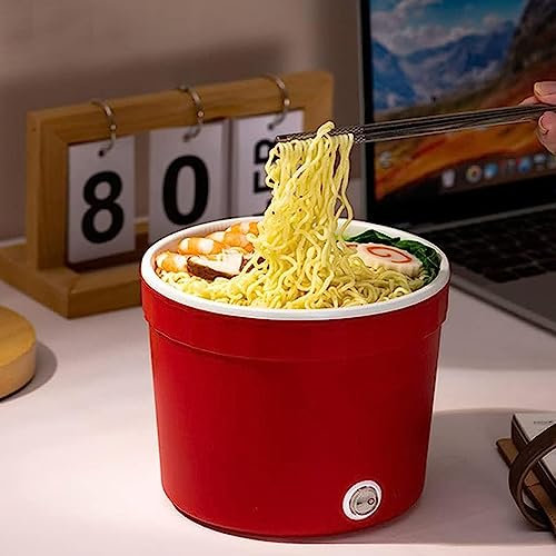 Mini Electric Noodle Pot - Multifunctional Hot Pot, 1L Portable Cooker for Ramen, Steaming, Frying, Porridge, Noodles (Red)