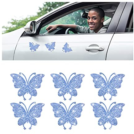 JNNJ 6 Stücke Glitzer Fenster Dekorationen Aufkleber für Autos, Funkelnd Diamant Schmetterling Aufkleber, Bling Strass Kristall Abziehbilder für Fahrzeug(Blau)