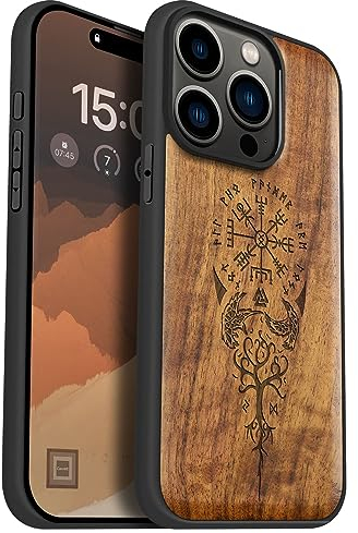 Carveit Holz Cover für iPhone 15 Pro hülle, Kompatibel mit Magsafe Silikon Stoßfeste Cover, Magnetisch Hull für Apple 15 Pro Case（Nussbaum-Wikingerkompass Vegvisir）.