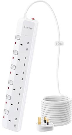 PARTH Surge Protected Extension Lead 10m Cable - 6 Plugs Extension Socket 10 Metre - Extra Long Heavy Duty Power Extension Cord with Switches/Wall Mounted Electric Surge Protection Extension Lead