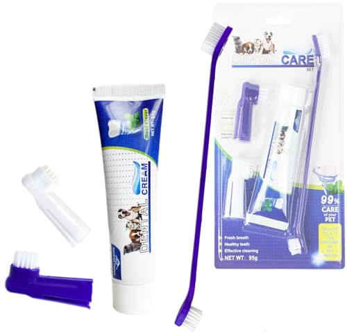 AIDIER 4pcs Pet Dental Care Kit Double-Ended Toothbrush Toothpaste for Dogs Cats Tooth Brushing Kit Finger Brushes Poultry Flavor Enzymatic Gum Toothpaste Reduces Plaque, Whiten Teeth, Freshen Breath