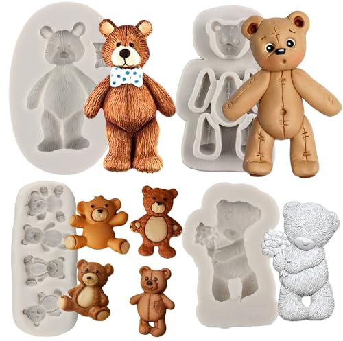 MYPRACS Set di 4 Stampi in Silicone a Forma di Orsetto per Cioccolato, Caramelle, Pasta di Gomma, Zucchero e Polimerica - Decorazione di Torte