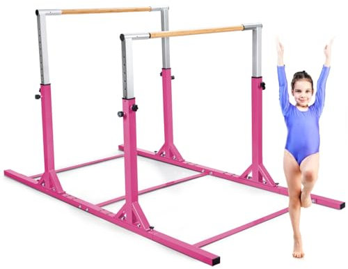 COSTWAY Barres Parallèles de Gymnastique Hauteur Réglable 11 Niveaux, Double Barre Gymnastique à Largeur Réglable Charge 100KG, Entraînement pour Enfants 6 à 12 Ans (Rose)