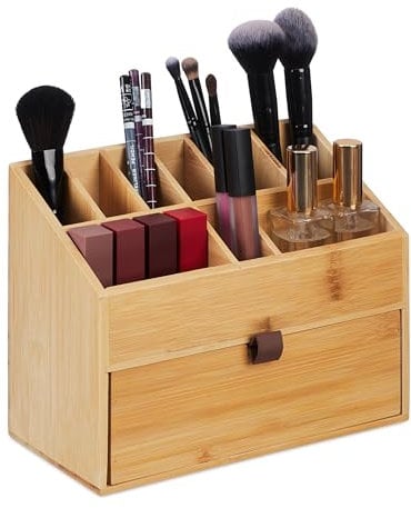 Relaxdays Organiseur cosmétiques, Rangement à Maquillage, tiroir, Porte-pinceaux, Bambou, HxLxP: 19x25,5x12,5 cm, Nature