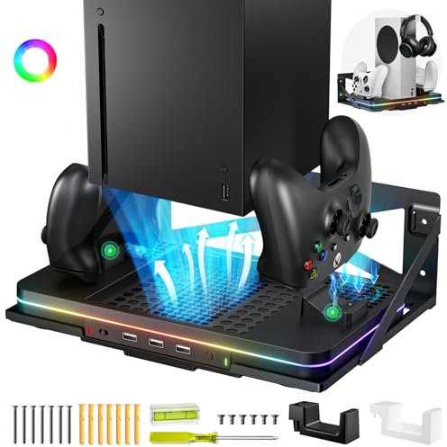 Allnice Wall Mount Charging Stand for Xbox Series X/S with Cooling Fan Accessories, Wall Mount Charging Station with 3 USB Ports Dual Controller Charger Station(Wall Mount &Cooling Stand)