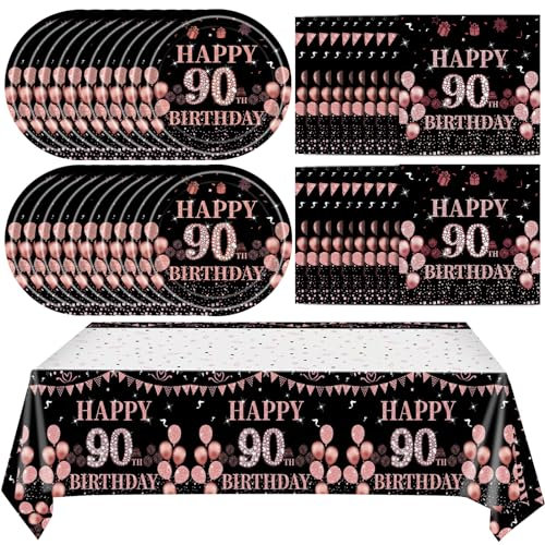 41Pcs 90th Birthday Decorations for Women, Vintage 90 Birthday Black and Rose Gold Disposable Paper Plates and Napkins Party Supplies for 20 Guests, 41Pcs Include 7 Plates Napkins and Tablecloth