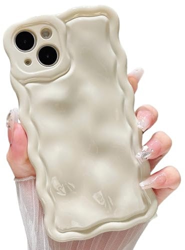 ZTOFERA Hülle für iPhone 14, Niedliche Lockige Wellen Rahmen Glänzende 3D Wellenform Schütz Handyhülle Weiche TPU Stoßfest Bumper Cover für Mädchen Frauen, Creme