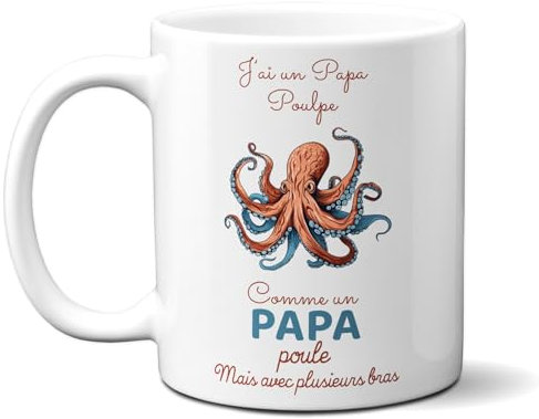 DECOHO - Mug en céramique Papa Poulpe - Céramique, 33 cl - Imprimé en France - Blanc