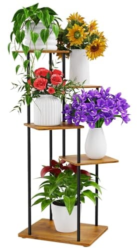 ALTORICO 5 Niveaux Support pour Plantes, 95 cm, Étagère pour Plantes en Métal Bois, Porte Plantes D'intérieur pour Plusieurs Plantes, Support Pot de Fleur le Balcon du Jardin, Salon, Bureau, Noir