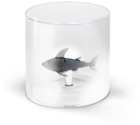 WD Lifestyle - Bicchiere in Vetro Borosilicato 250ml con Soggetto in Vetro Colorato Interno (Squalo)