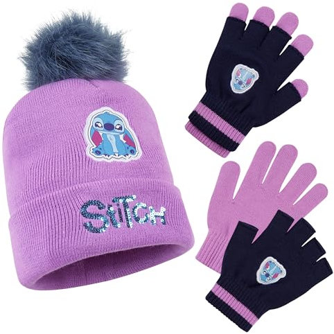 Disney Stitch Mädchen Winter Accessoires, Kinder Mütze, Handschuhe, Schal - Wähle aus Sets, Geschenke für Kinder (Lila Stitch 2-Teilig)