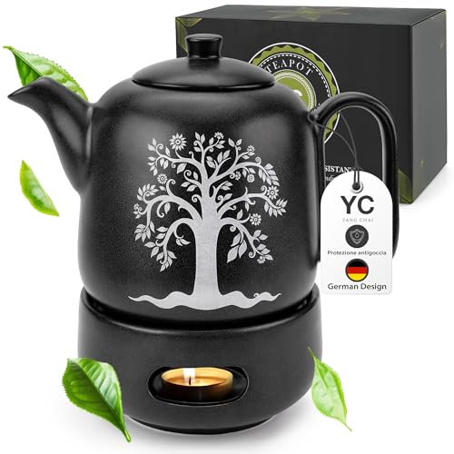 YC Yang Chai YC TREE - Teiera con fornello, in ceramica, colore nero opaco, 1,3 l, teiera con filtro – antigoccia e resistente al calore – teiera in ceramica fatta a mano – calore duraturo