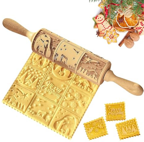 Weihnachts Nudelholz mit Muster, Präge-Teigrolle aus Holz, 35cm Holz 3D Motiv Geprägt Nudelholz, Nudelholz als Backzubehör mit Prägung, DIY Weihnachten Plätzchen, Jesus (A)
