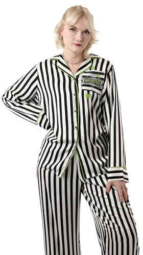 Vanilla Underground Women's Beetlejuice Striped Pyjama Set in Black and White | Long Sleeve, Long Leg PJs | Gothic Style Sleep Set | Loungewear Merchandise