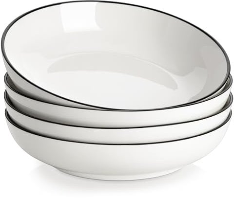MALACASA Série REGULAR 1250ml Assiettes à Pâtes en Porcelaine, Assiettes Creuses, Service de Bols à Salade 4 Pièces, Blanc avec Bord Noir