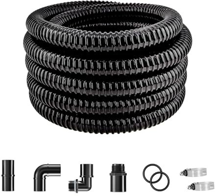 LONGRUN PVC-Teichschlauch, 1,25 Zoll Durchmesser, schwarzer, gewellter, flexibler Gartenschlauch mit Klemmverschraubung, 7,2 Meter Länge